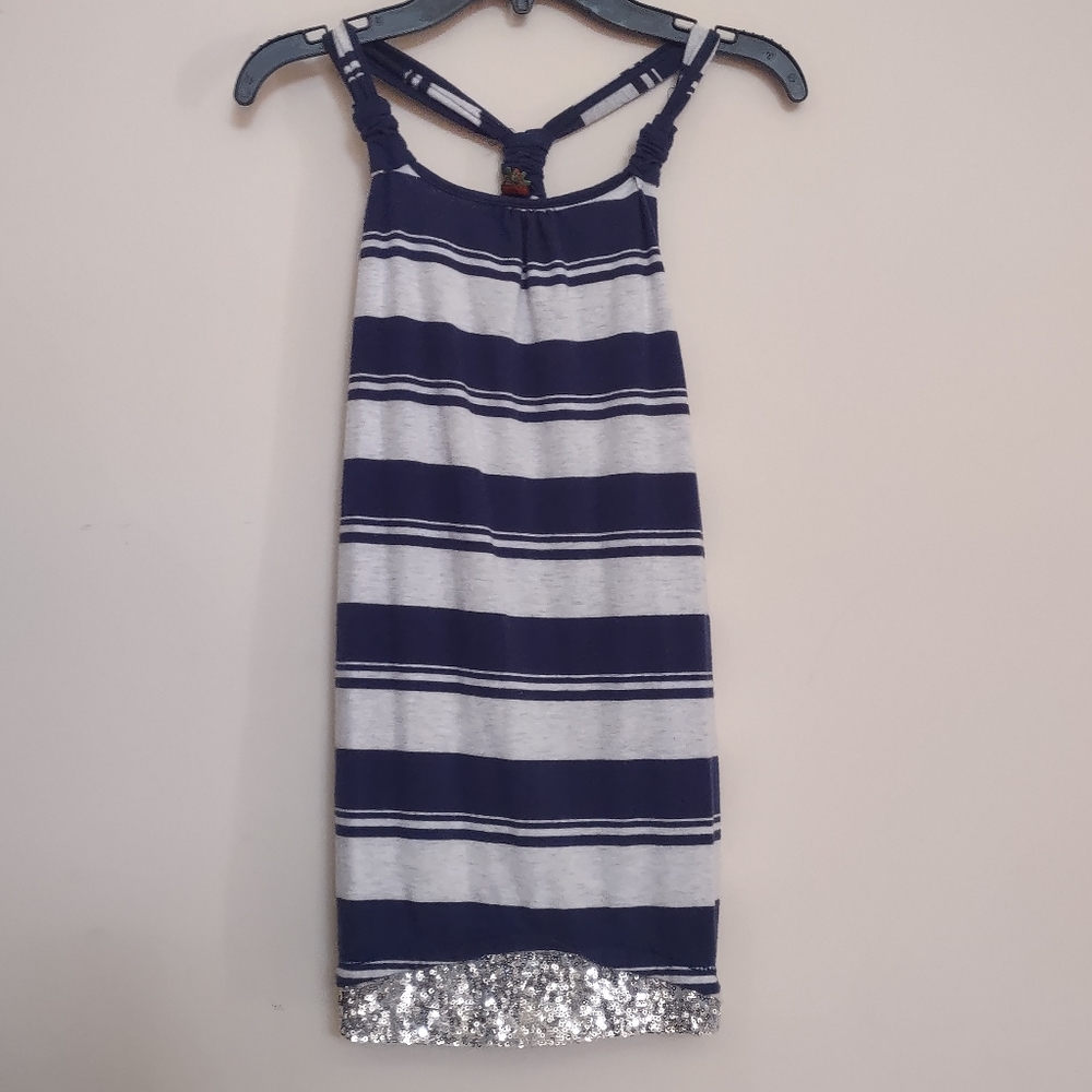 Poof Girl Racerback Dress Stripe Navy White Silver Sequin Size XL